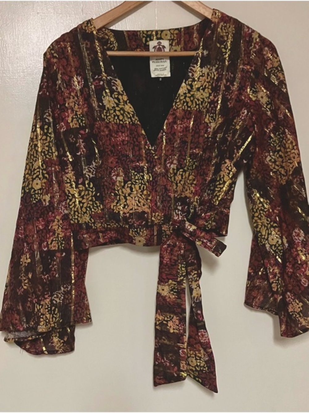 Floral Wrap Blouse with Bell Sleeves - Brown/Multi